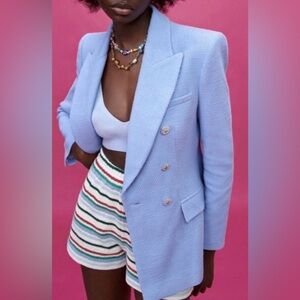 NWOT. Sz 8. ZARA Sky Blue Textured Tweed Double Breasted Blazer Jacket